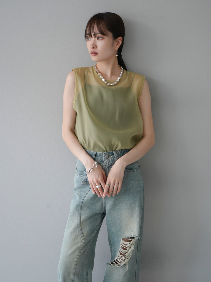 [SET] Organdy sleeveless top + belt asymmetrical damaged denim (2set)