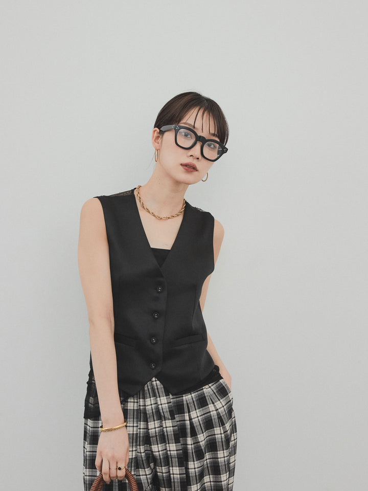 [預購] 緞面 x 蕾絲背心/黑色