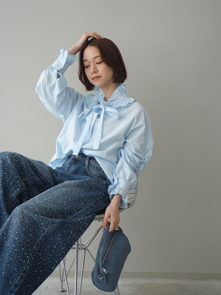 [予約]フリルネックギャザーブラウス/blue