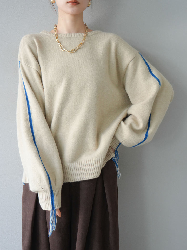 [SET]配色ステッチフリンジニットプルオーバー +スウェードタックワイドパンツ(2set)