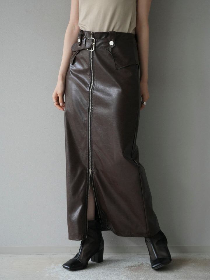 [予約]ベルトデザインレザータッチZIPタイトスカート/ブラウン
