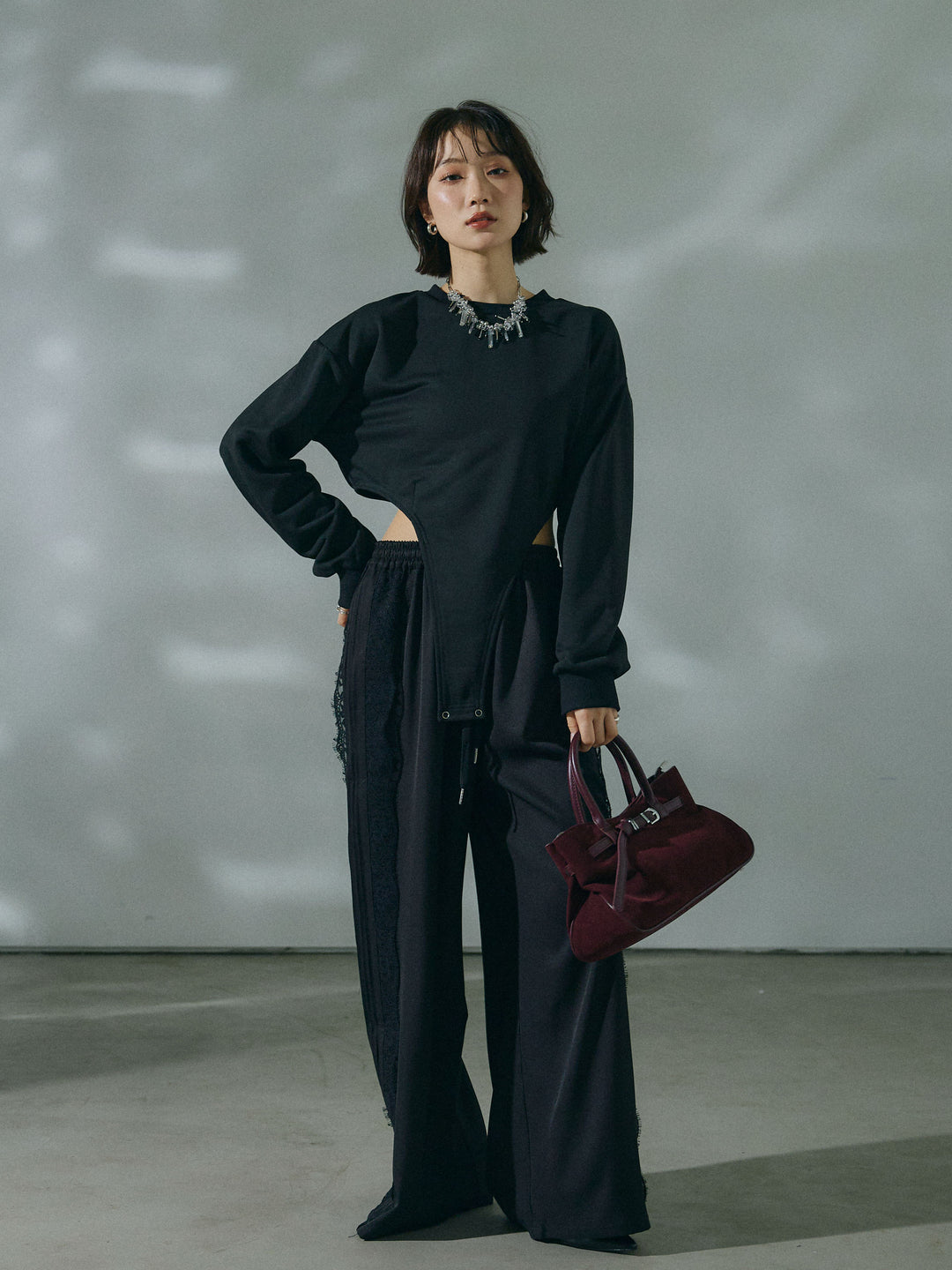 [予約]サイドピンタックレースイージーワイドパンツ/black