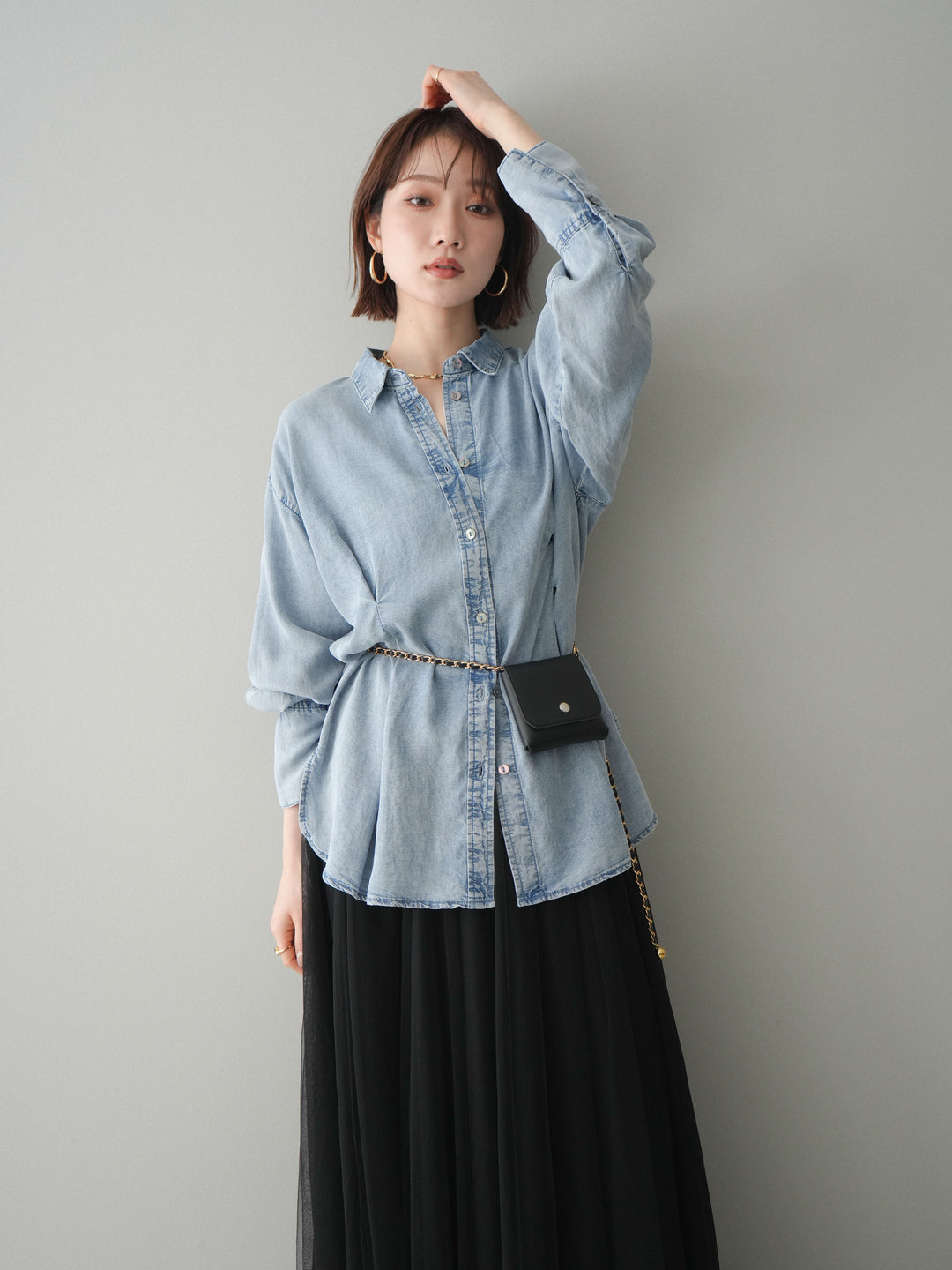 [SET]テンセルデニムタックシャツ+チュールボリュームスカート(2set)