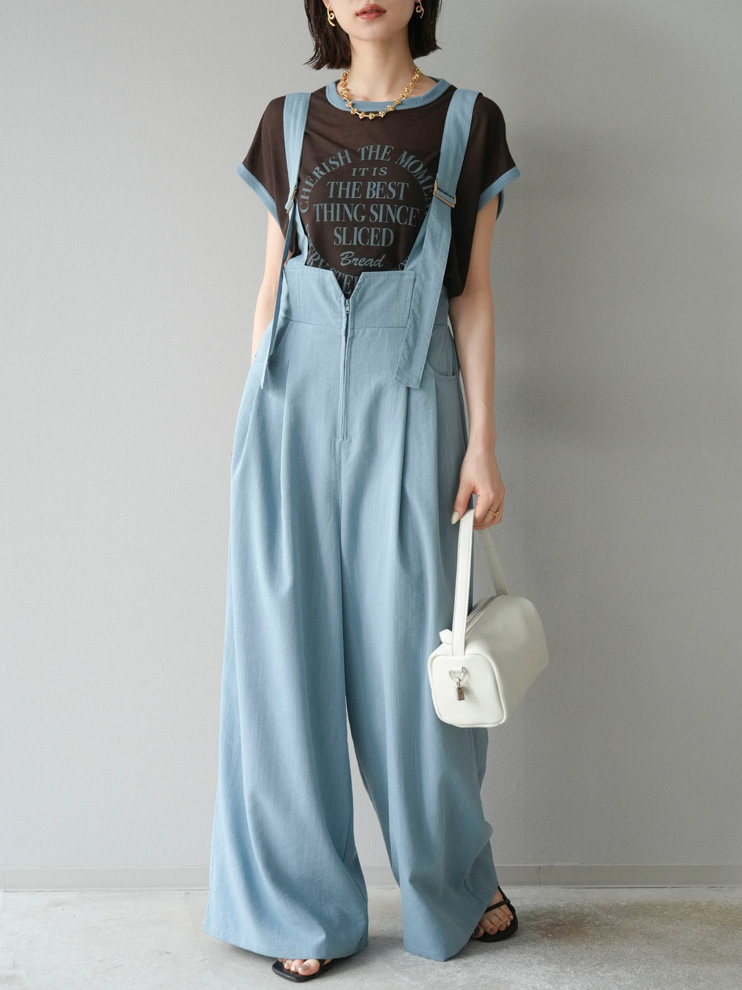 [SET]ストリングデザインハイウエストサロペット+シアーフライス ロゴプリントT (2set)