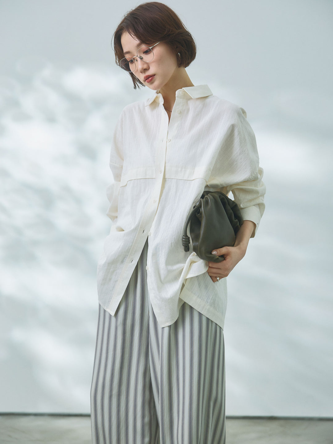 【Allure】[SET]スプリングスラブワイドシャツ+ストライプイージーパンツ(2set)