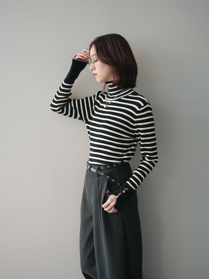 [SET]袖配色ハイネックボーダーリブニットトップス+ベルト付き裏起毛ワイドパンツ(2set)