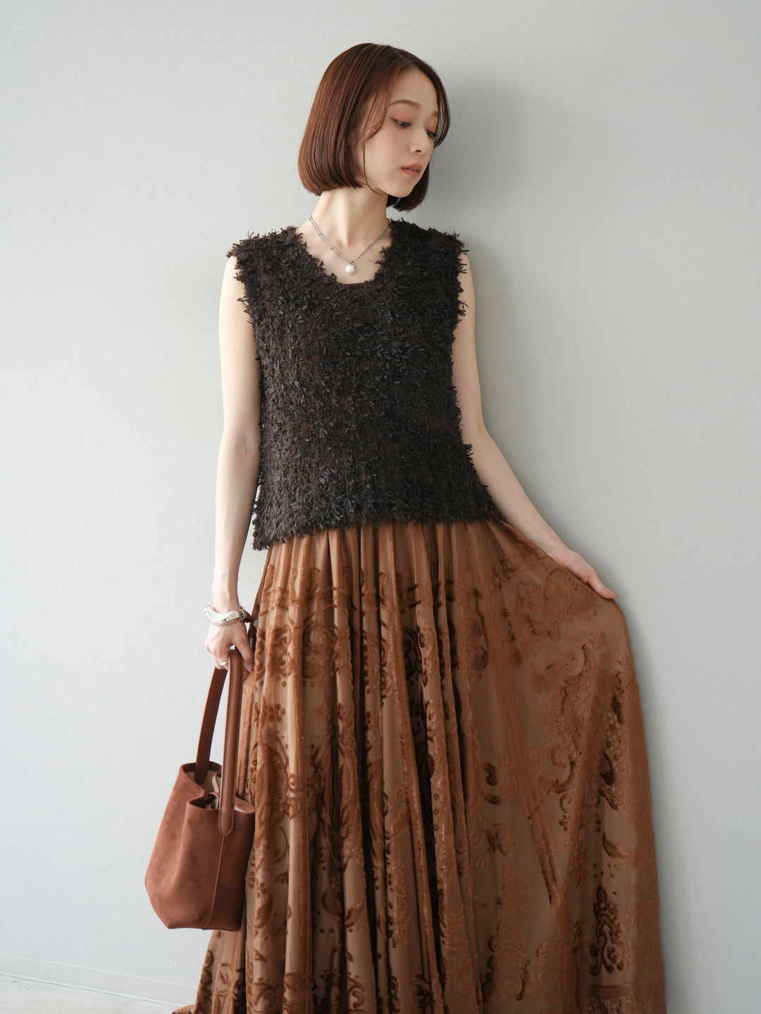 [SET]テープヤーンフリンジニットベスト+アンティーク柄フロッキーマキシスカート(2set)