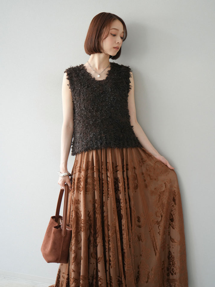 [SET]テープヤーンフリンジニットベスト+アンティーク柄フロッキーマキシスカート(2set)