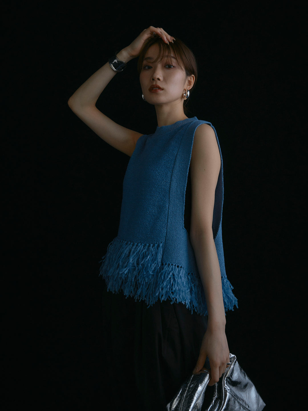 【Allure】[SET]フェザーヤーンニットベスト+タフタワイドカーブパンツ(2set)