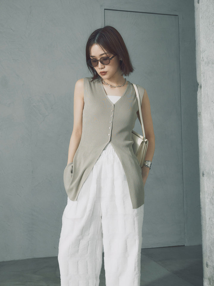 [予約]フロントスリットリブシェイプニットトップス/ベージュ