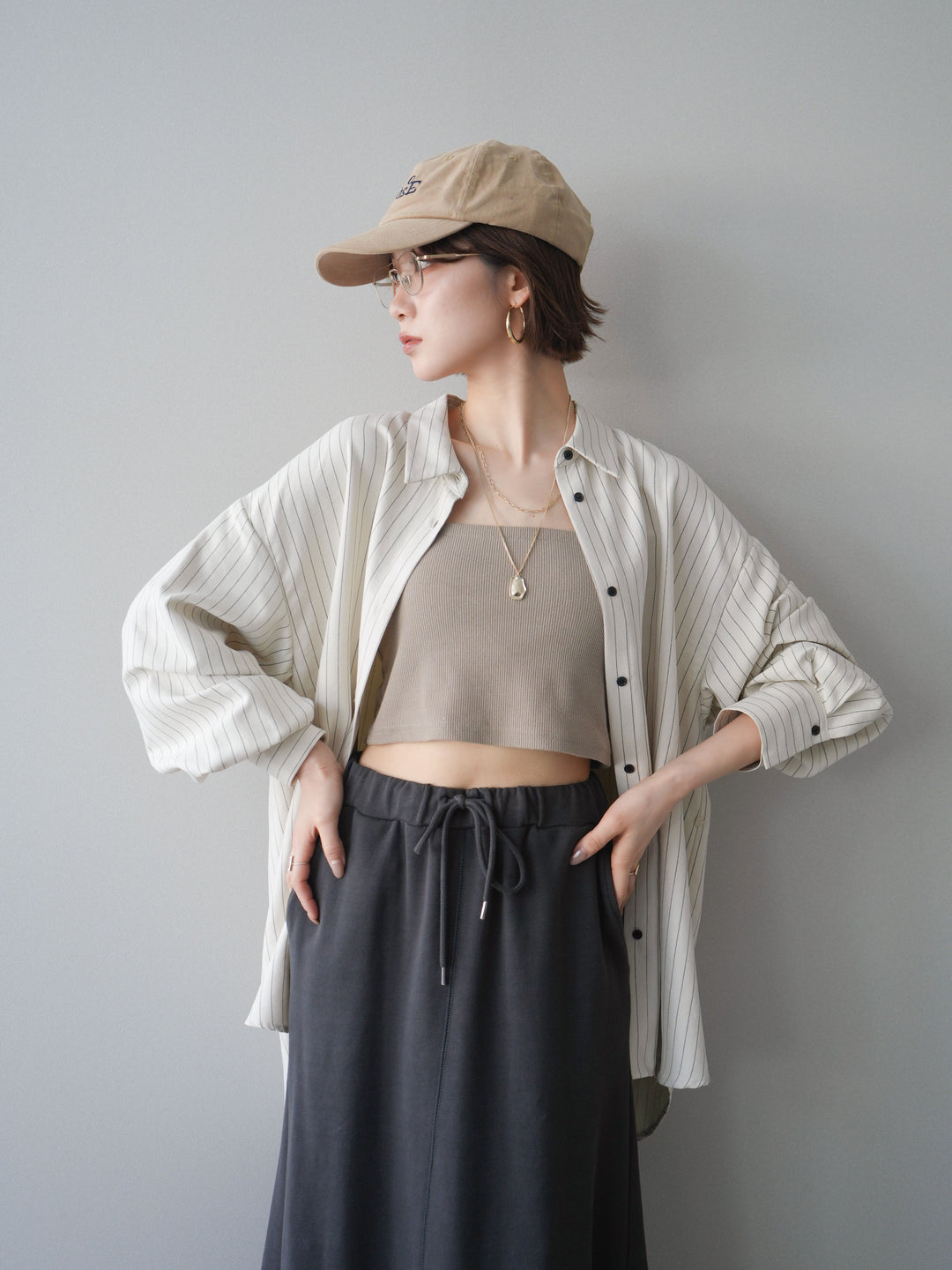 [SET]2WAYカシュクールストライプブラウス+スウェットフレアロングスカート(2set)