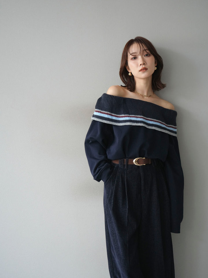 [予約]ボーダーニットオフショルダーxスウェットプルオーバー/navy