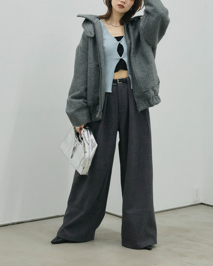 【Allure】[SET]スタンドカラーシャギーフライトジャケット+ループデザインツイルワイドパンツ(2set)