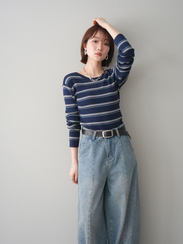 [予約]バックオープンテレコリブマルチボーダートップス/navy