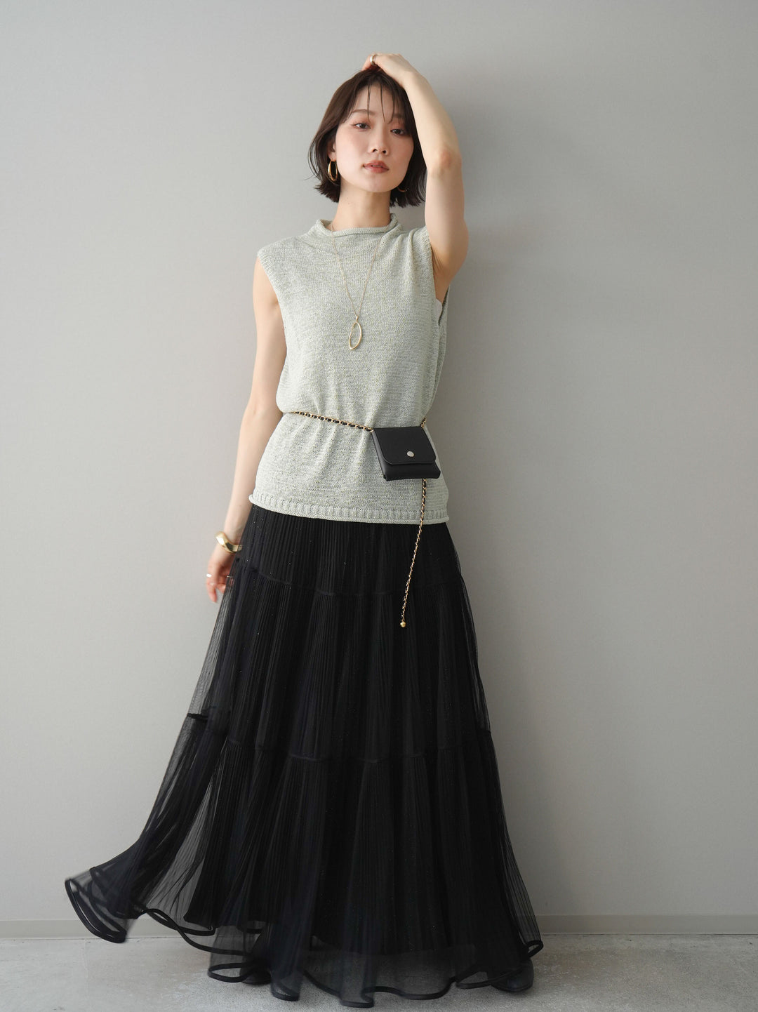 [予約]ラメプリーツレイヤードチュールロングスカート/black