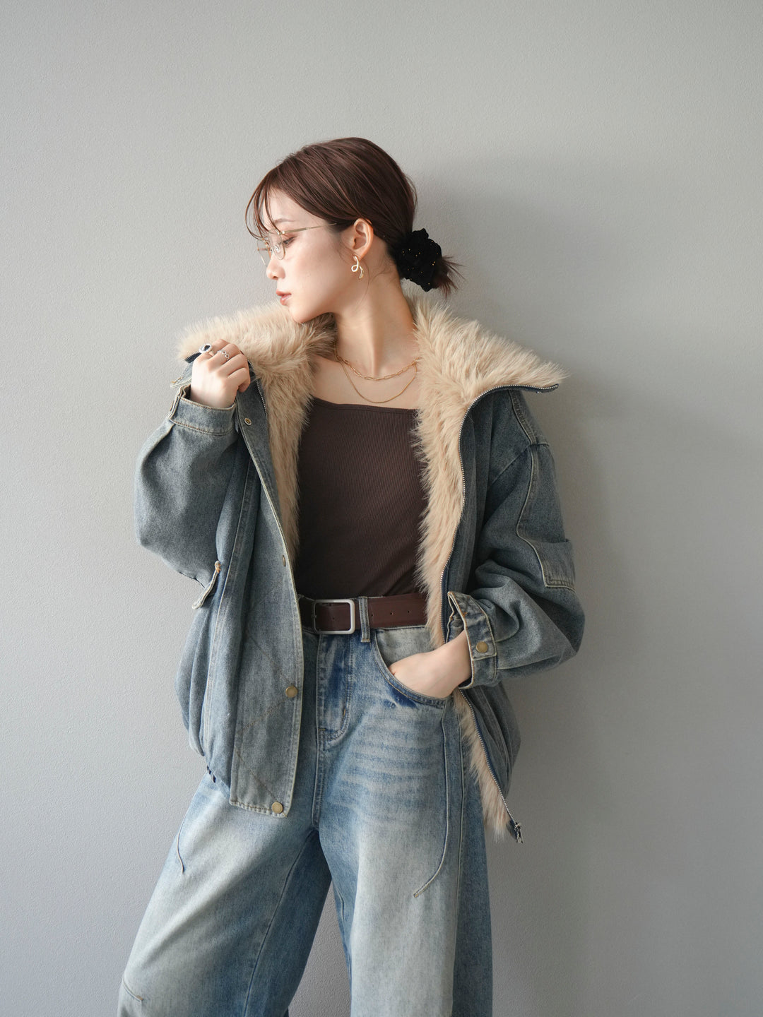 [SET]デニムxファーブルゾン+選べるアクセセット(2set)