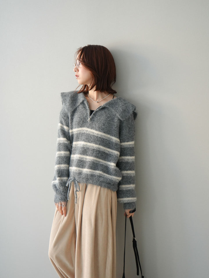 [予約]ハーフジップボーダーニットプルオーバー/gray