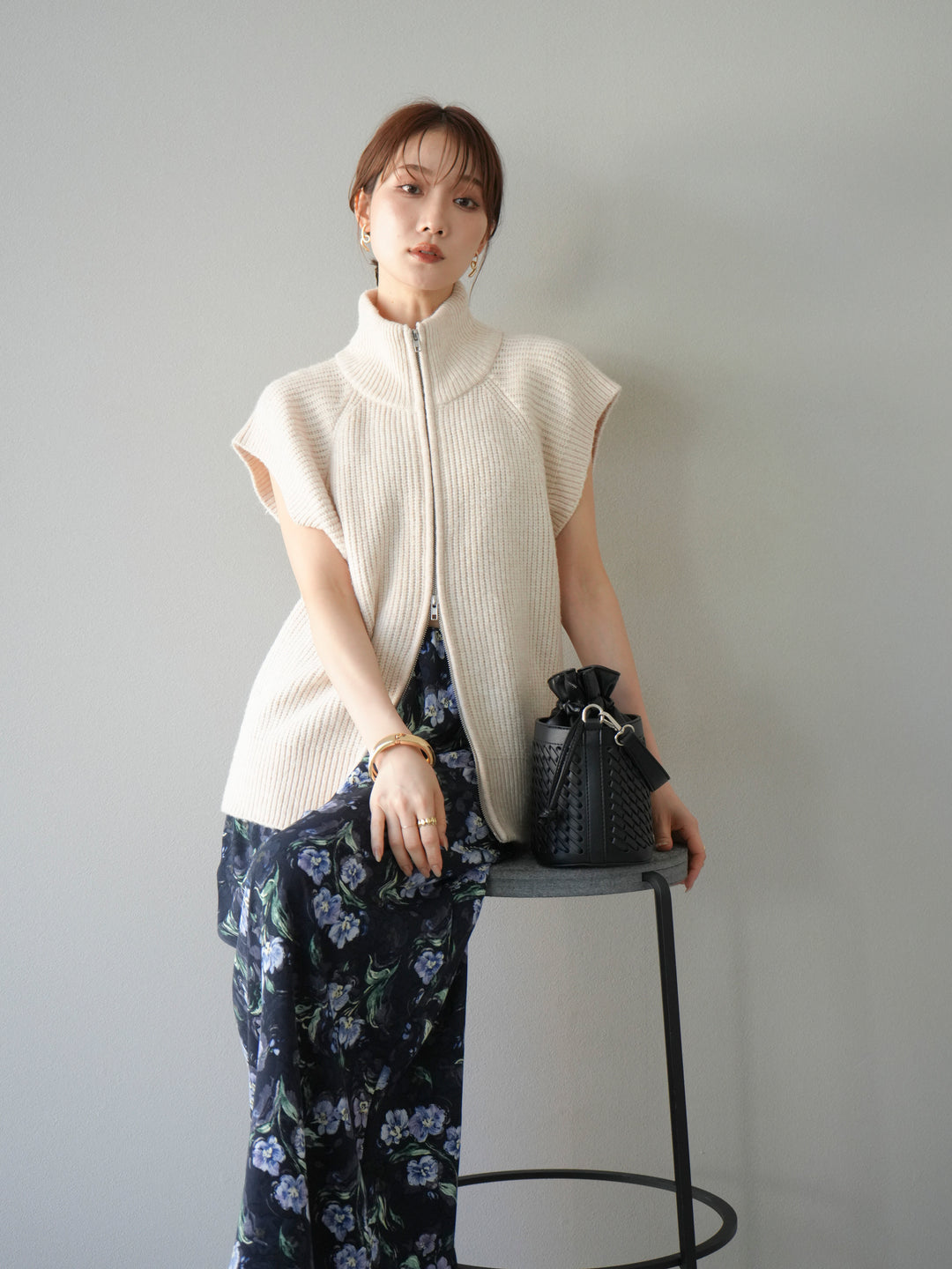 [予約]ダブルZIPハイネック畦編みニットベスト/オートミール