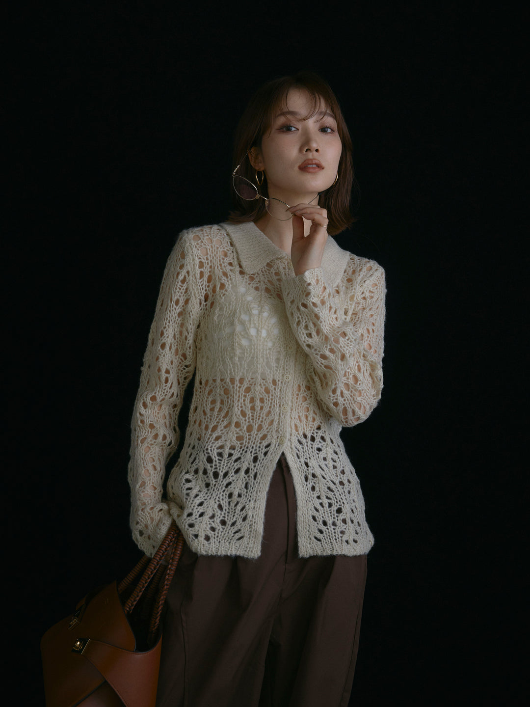 [予約]ローゲージ透かし編みポロニッカーディガン/アイボリー