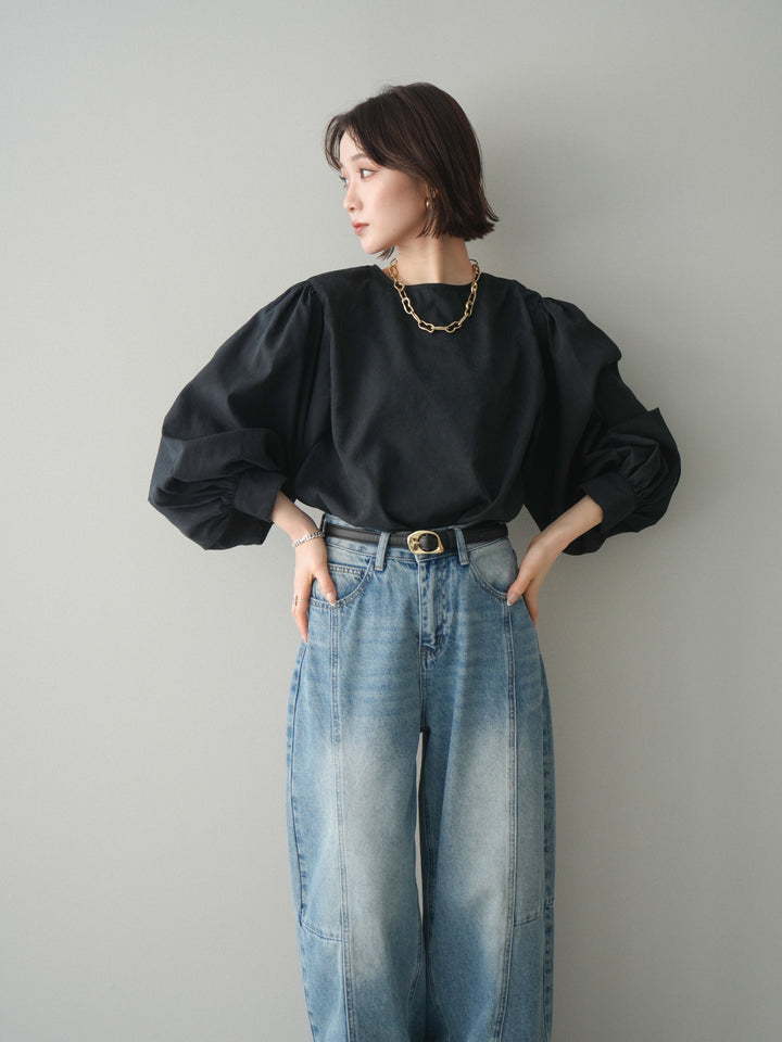 [予約]2WAYピーチスキンボリュームスリーブブラウス/black
