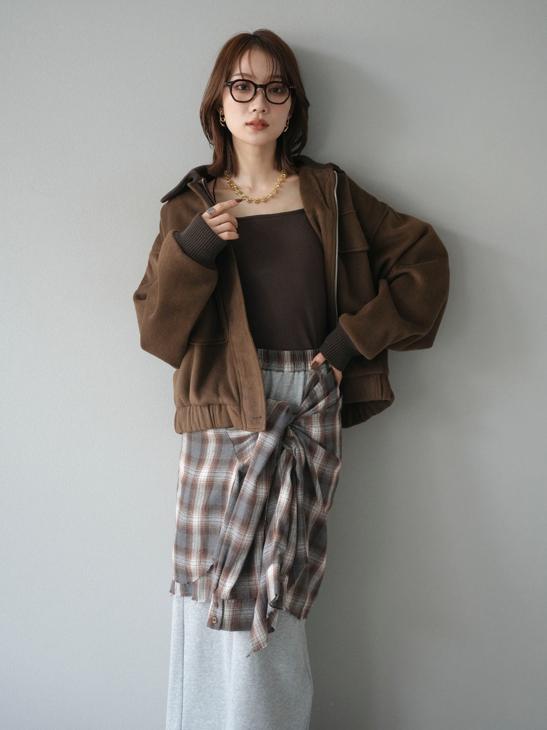 [予約]ウールタッチ襟リブステンカラーショートコート/brown