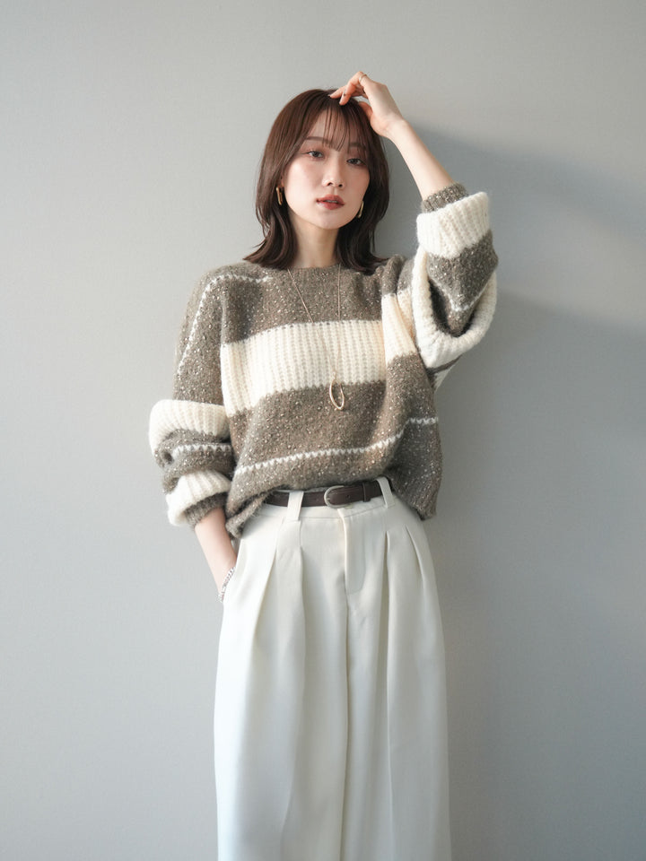 [SET]ネップヤーンボーダーニットプルオーバー+ウールタッチベルト付ワイドパンツ(2set)