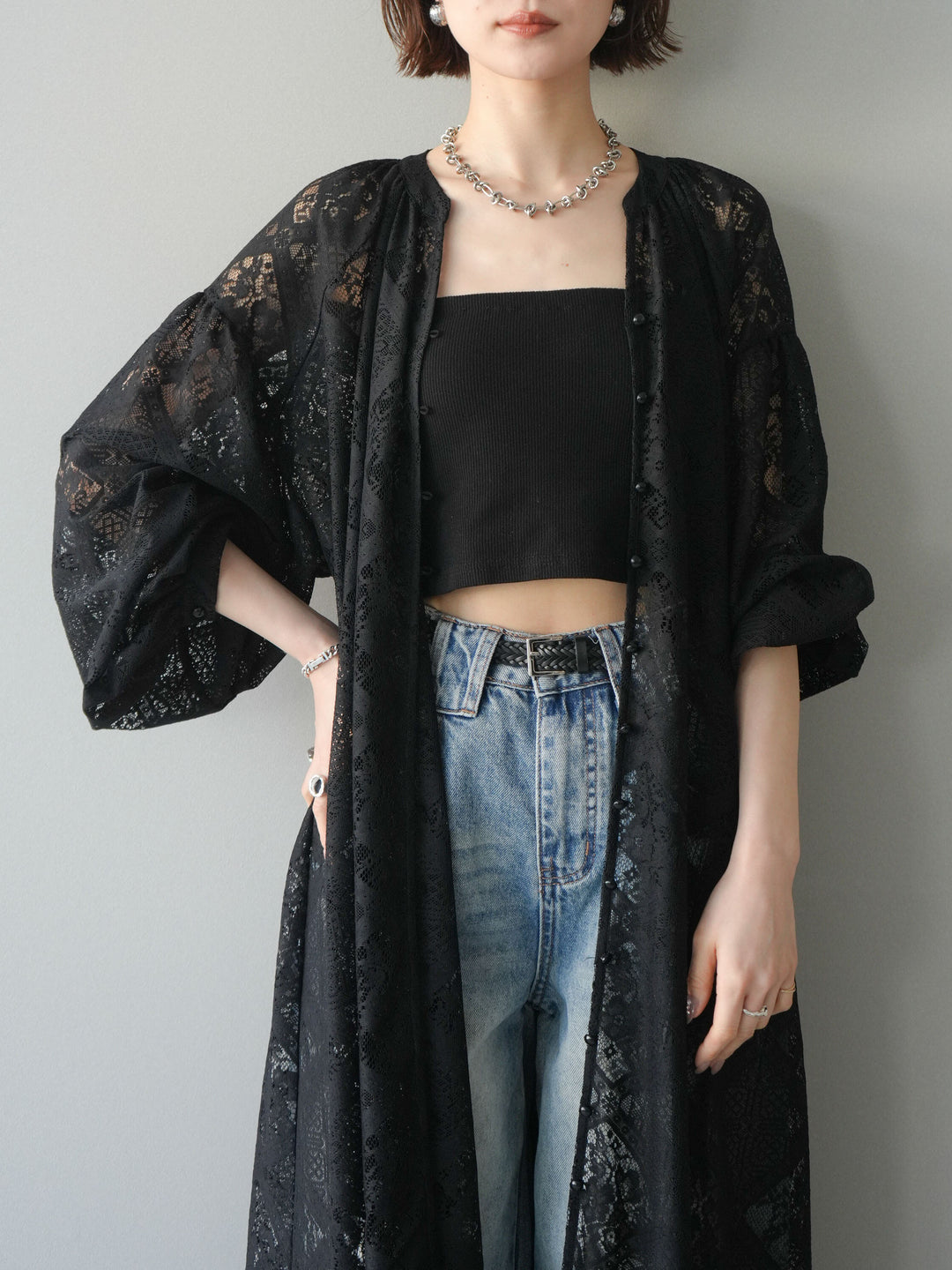 【預購】薄紗蕾絲長裙 / 黑色