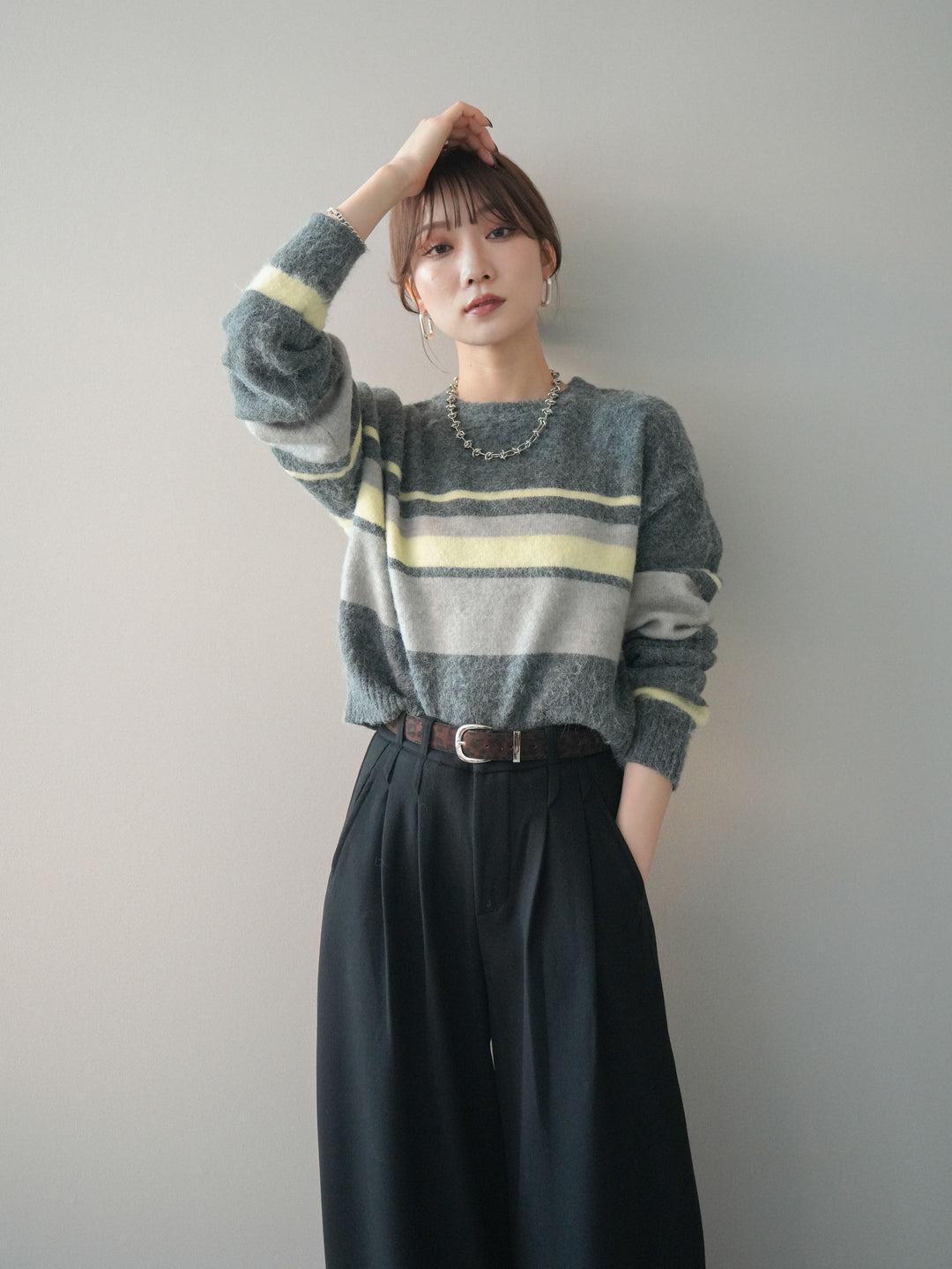 [SET]ソフトタッチボーダークロップドニットプルオーバー+ソフトタッチボーダークロップドニットプルオーバー(2set)