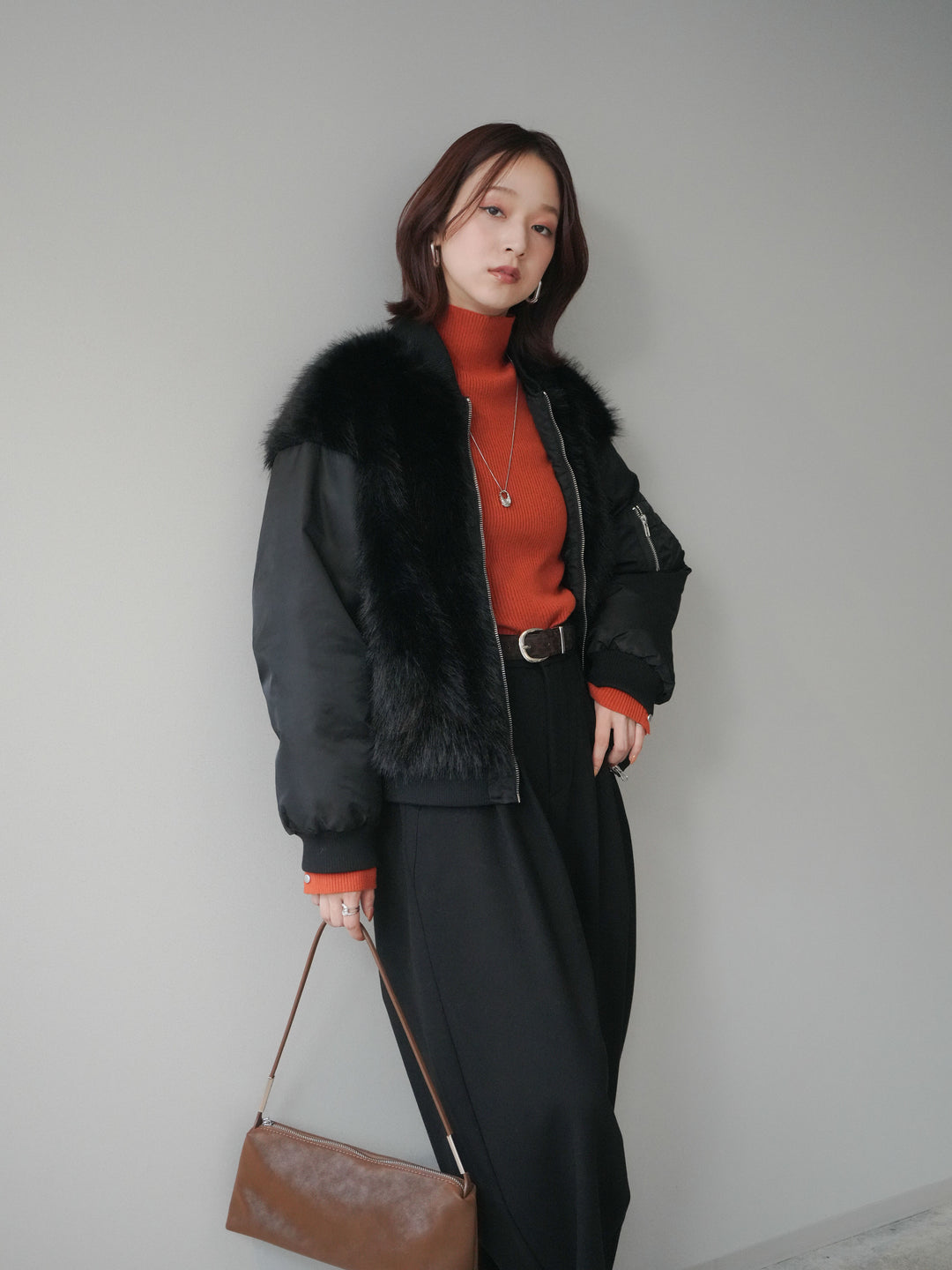 [SET]ファードッキングMA-1+アニマル柄ベルト付きウールタッチワイドパンツ(2set)