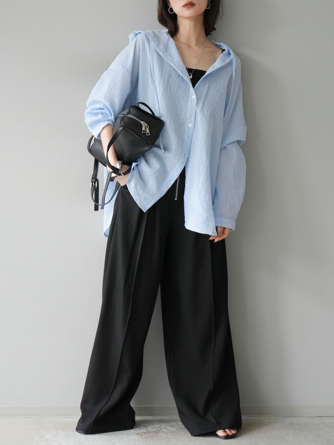 [予約]ワッシャーストライプフーディーシャツ/ブルー