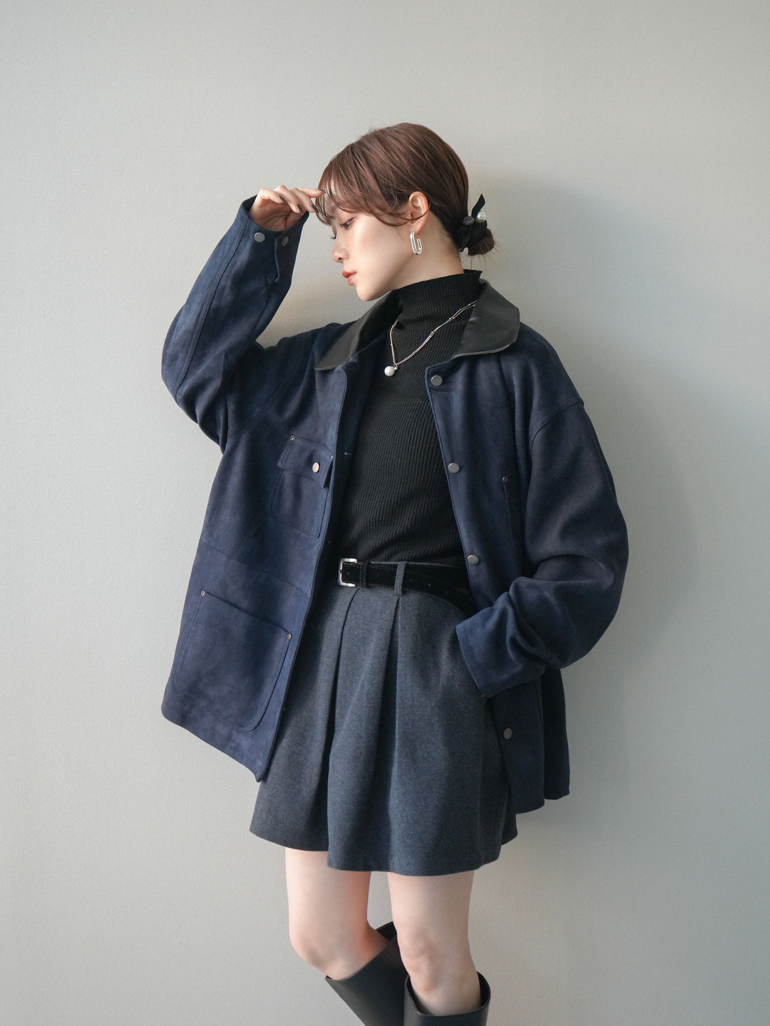 [予約]襟レザーステンカラースエードジャケット/navy