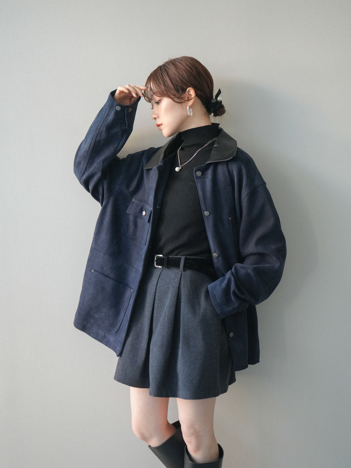 [予約]襟レザーステンカラースエードジャケット/navy