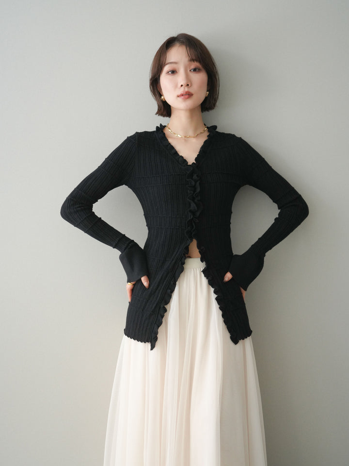 [予約]フロントフリルリブニットカーディガン/black