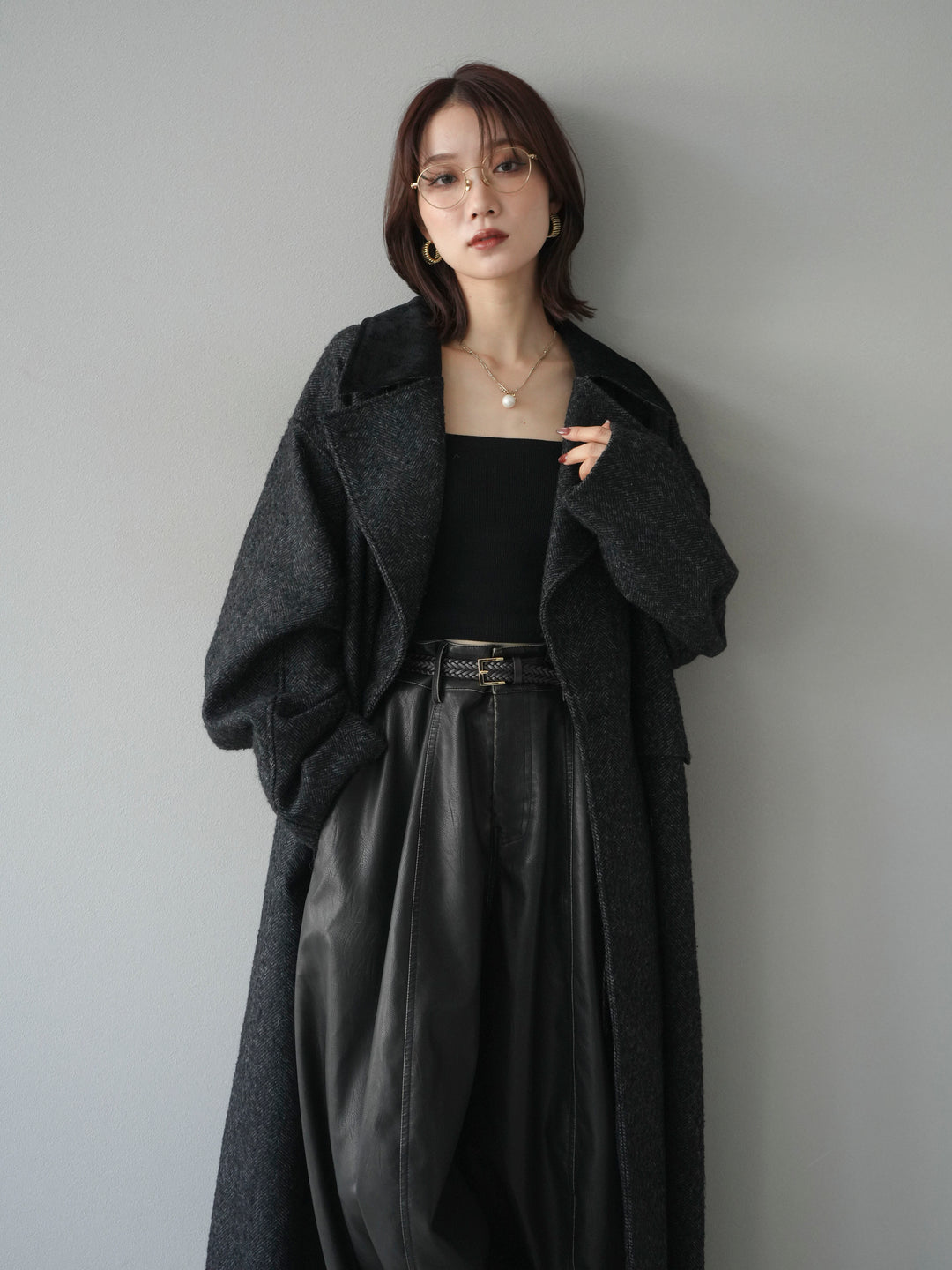 [予約]ネップヘリンボーンレザー襟チェスターコート/black