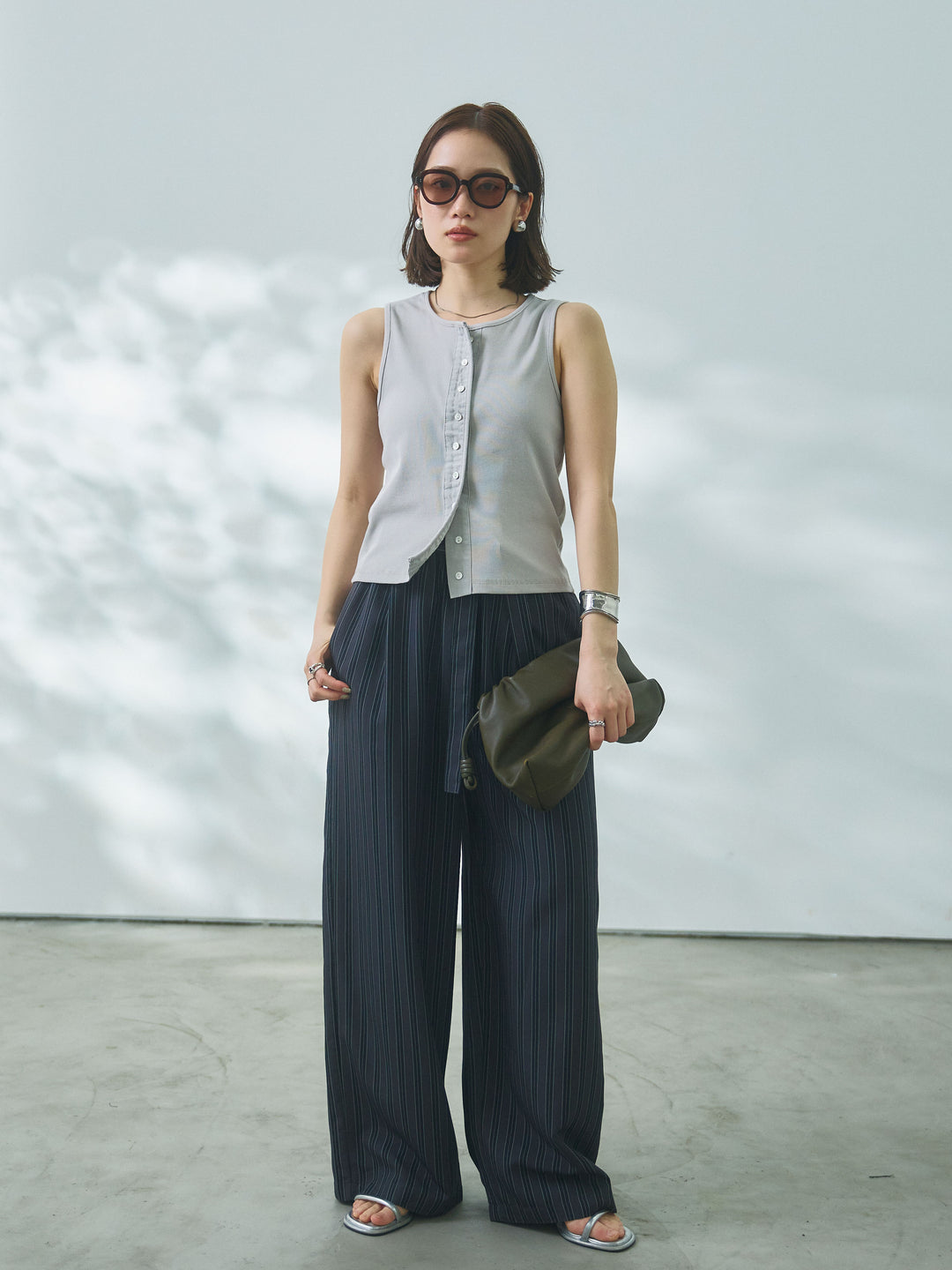 【Allure】[SET]フロントボタンテレコリブタンクトップ+ストライプイージーパンツ(2set)