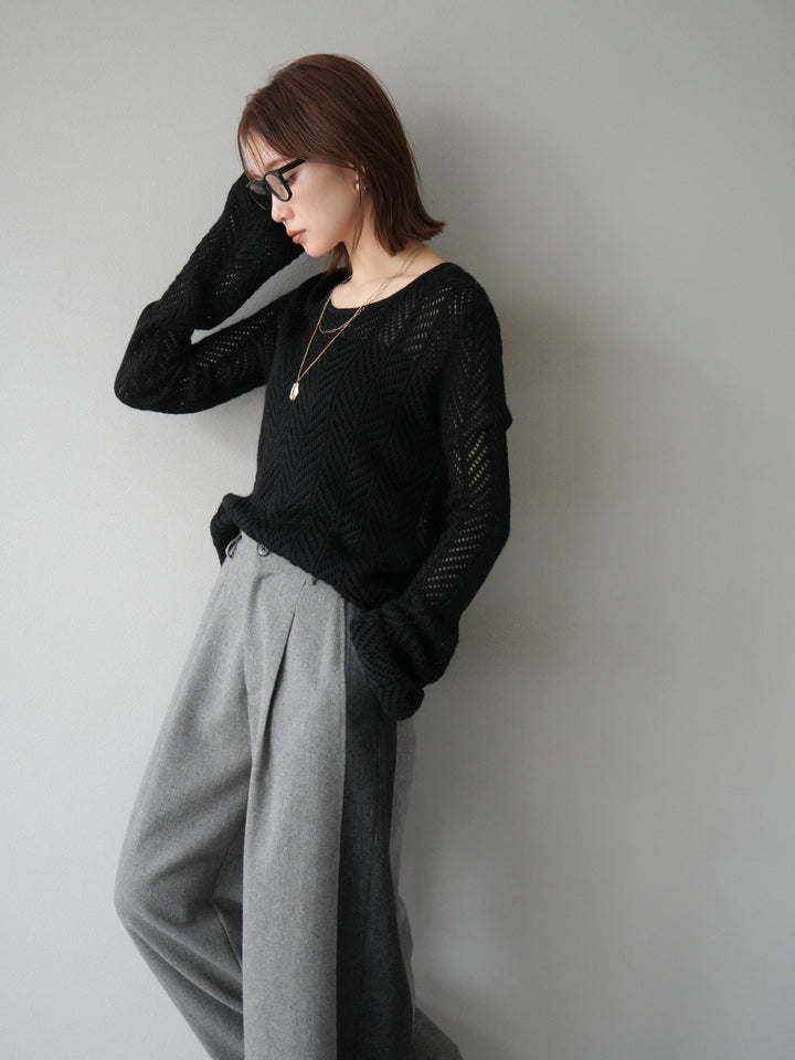 [予約]透かし編みニットトップス/ブラック