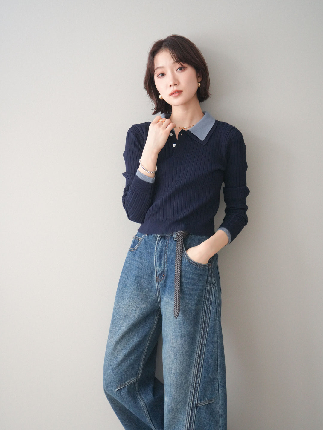 [予約]ダブル襟ポロリブニットトップス/navy