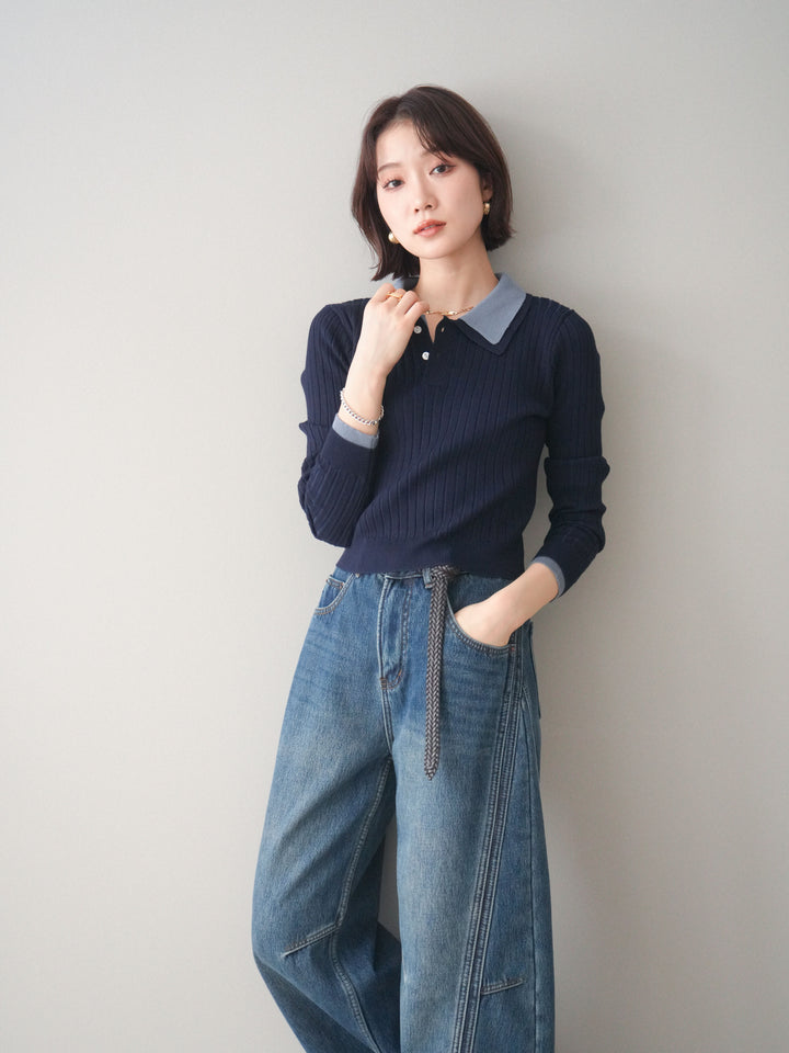 [予約]ダブル襟ポロリブニットトップス/navy