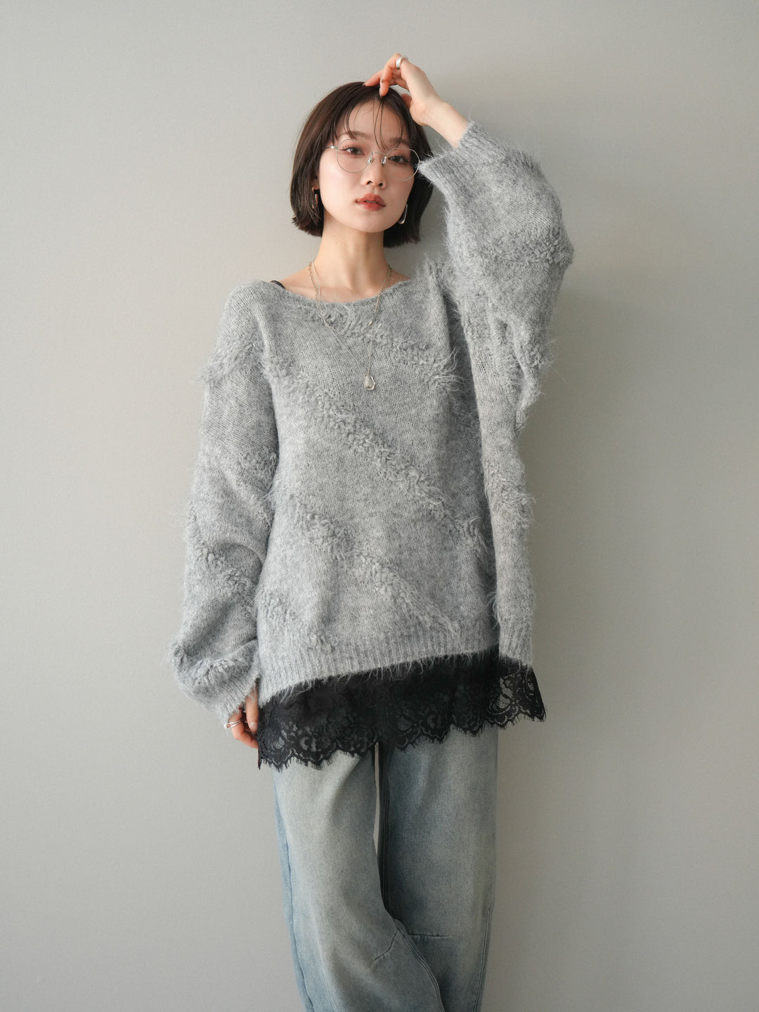 [予約]シャギーデザインニットプルオーバー/gray