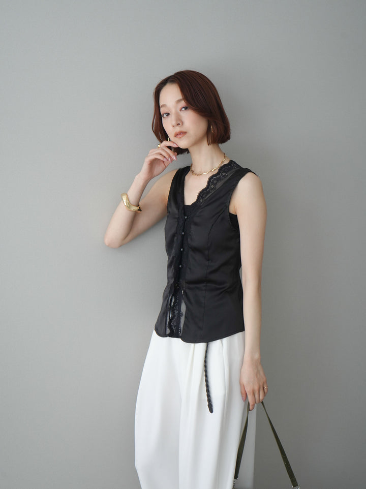 [予約]ノースリサテンレースキャミソール/black