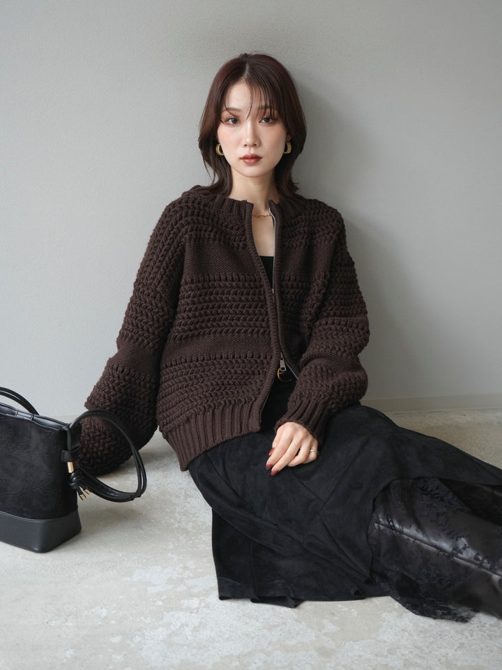 [予約]ケーブル編みZIPニットカーディガン/brown
