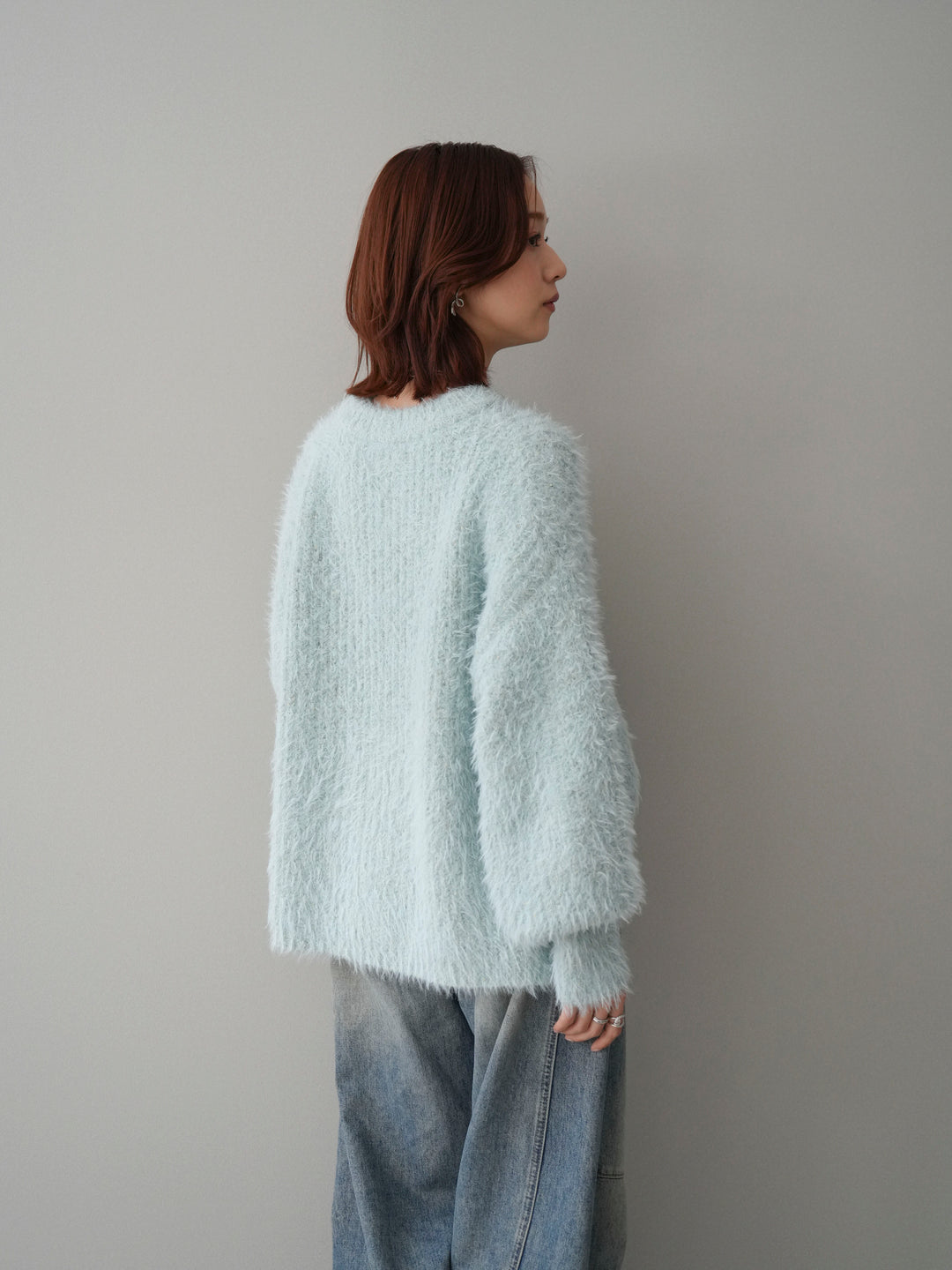 [SET]ボリュームスリーブシャギー MIXニットプルオーバー+ベルト付カーブデニムパンツ(2set)