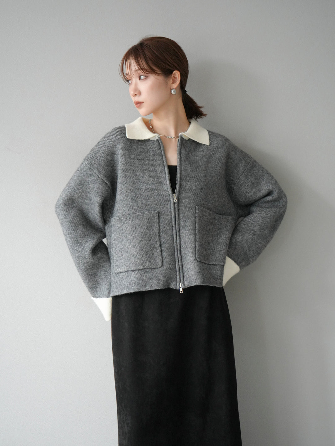 [予約]ポロ襟ジップニットカーディガン/チャコール