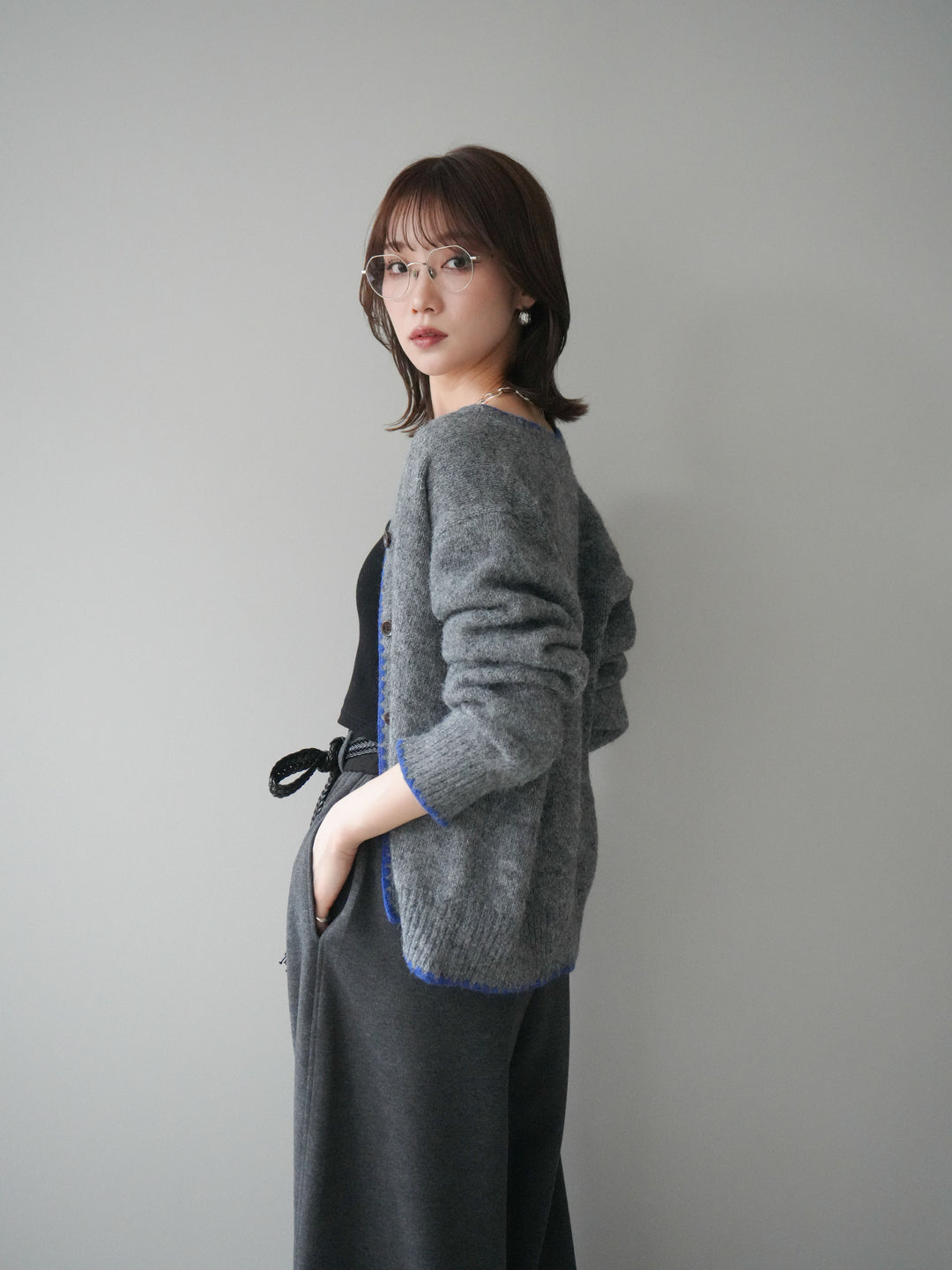 [予約]三角ステッチニットカーディガン/gray