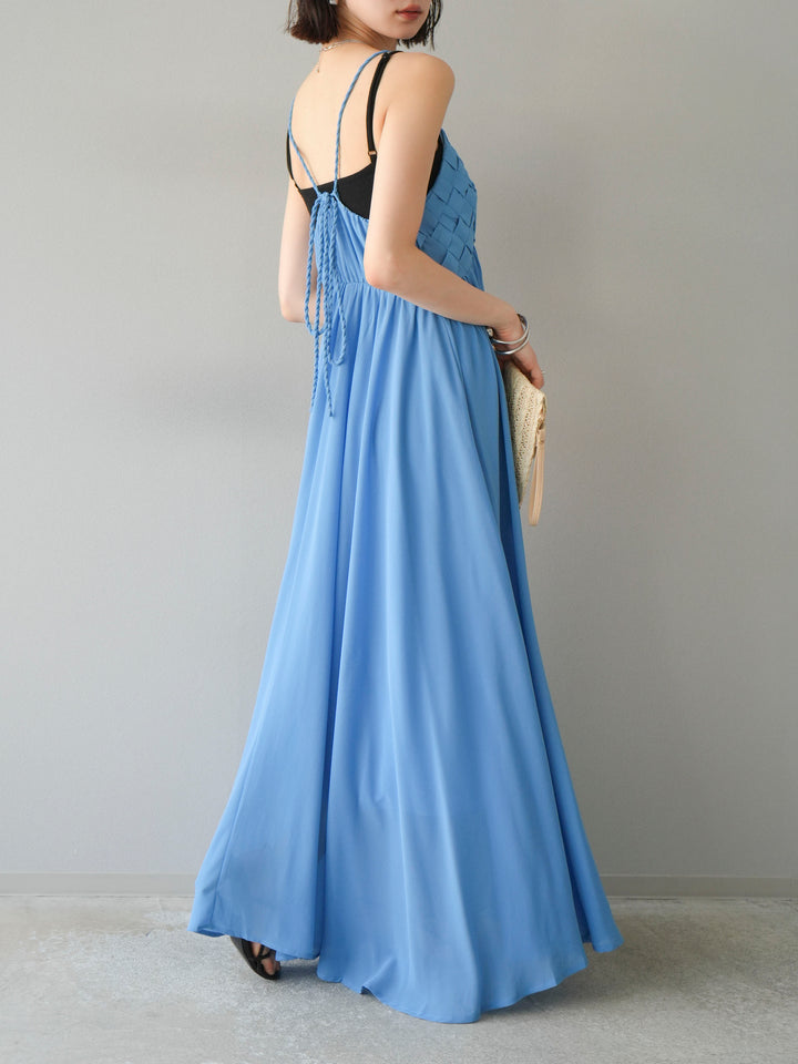 [SET]編み込みデザインシフォンワンピース+カップ付テレコリブベアキャミソール(2set)