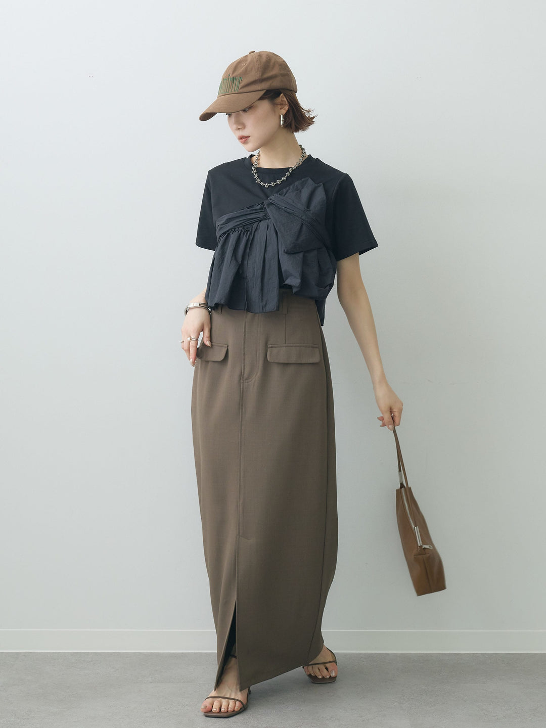 【着回しセット】[SET]ナイロンドッキングツイストTEE +クレープデシンフラップ付きストレートスカート+ストーンウォッシュルーズフィットデニム(3set)