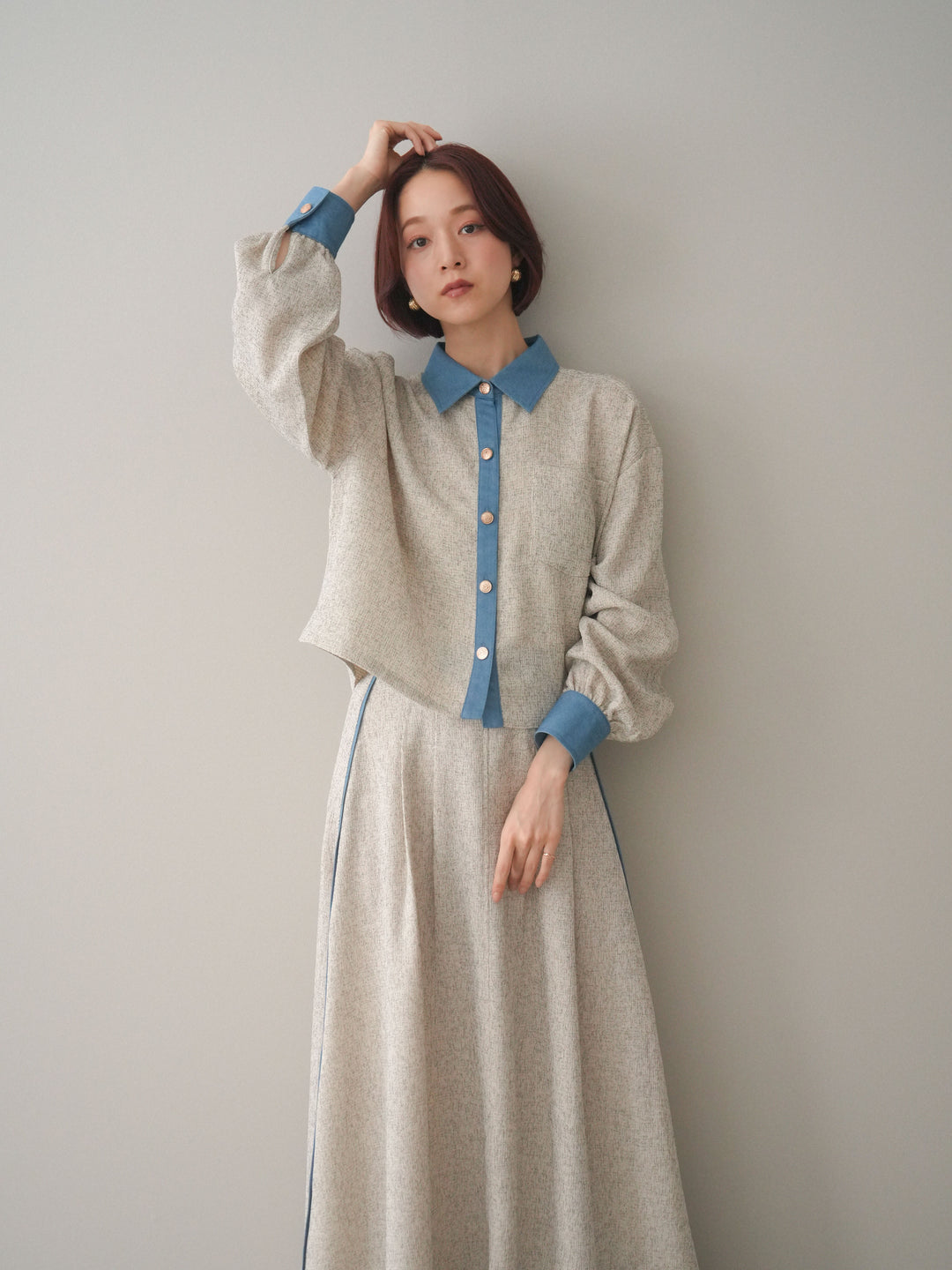 [SET]異素材サマーツイードシャツ+異素材サマーツイードタックフレアスカート(2set)