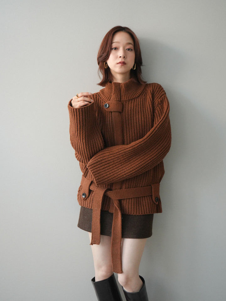 [SET]畦編みボトルネックZIPニットカーディガン+ウールタッチベルト付ミニスカート(2set)