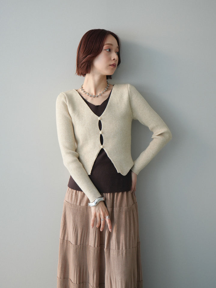[SET]Vネック配色レイヤードスリットニットトップス+型押しスエードティアードプリーツスカート(2set)