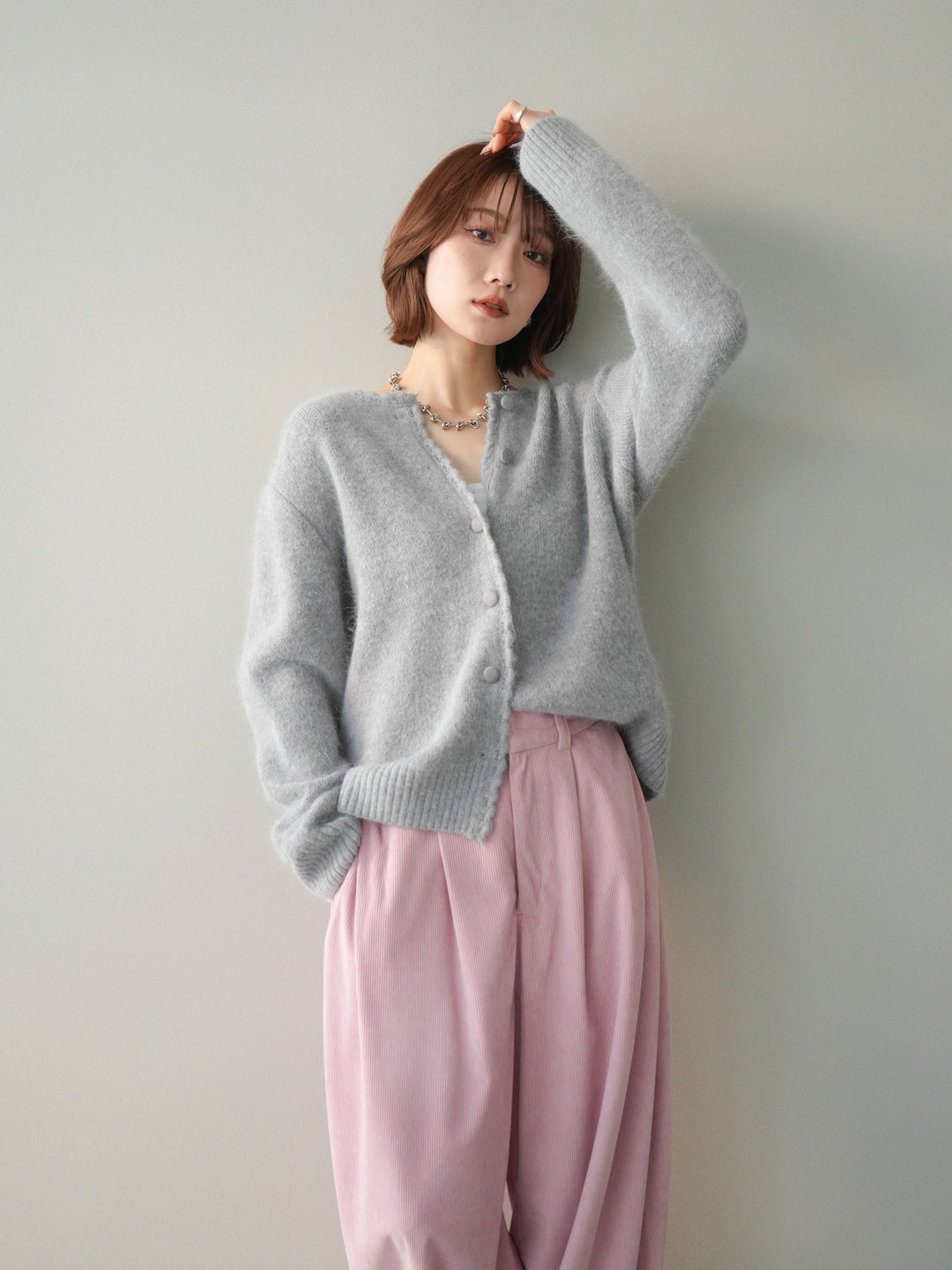 [SET]くるみボタンニットカーディガン+コーデュロイサイドタックコクーンパンツ(2set)